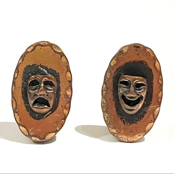 Vintage Theatre Masks Comedy and Tragedy Clip On Earrings Actor Performer Drama - Picture 2 of 8